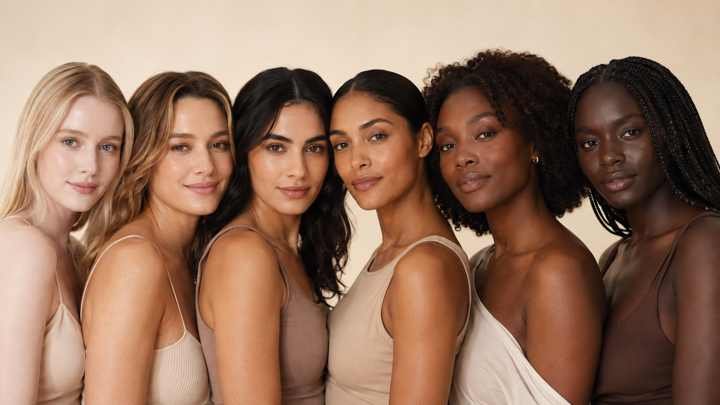 Six women with a diverse range of natural skin tones