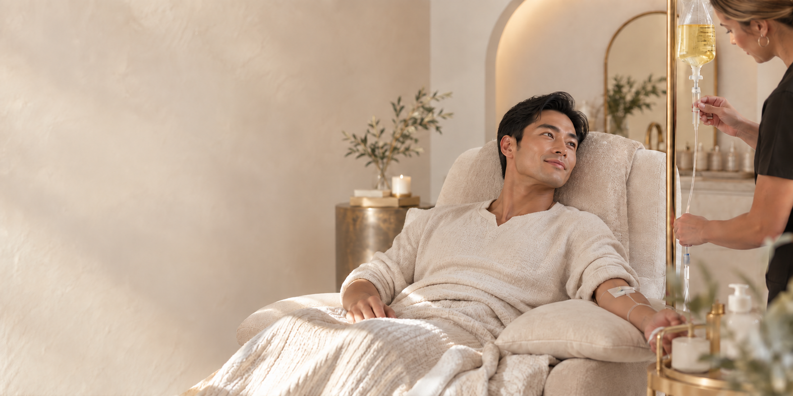Asian male client receiving a golden IV infusion in a calm wellness setting
